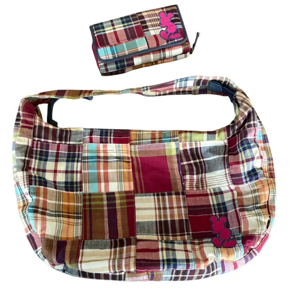 Disney Parks Vintage Hobo Madras Plaid Embroidered Mickey Preppy Bag/Wallet